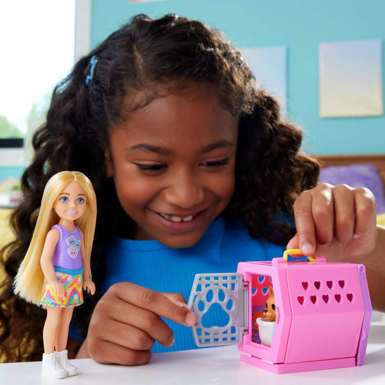 Barbie, Chelsea, Transporter dla pieska, zestaw z lalką i akcesoriami
