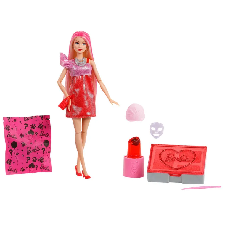 Barbie, Party Unboxed Glam Party, Stylowe przygotowania, lalka z niespodziankami, zestaw czerwony