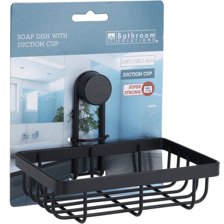 Bathroom Solutions, koszyk łazienkowy na mydło w kostce, na przyssawki, czarny, 13,4-11,5-11,5 cm