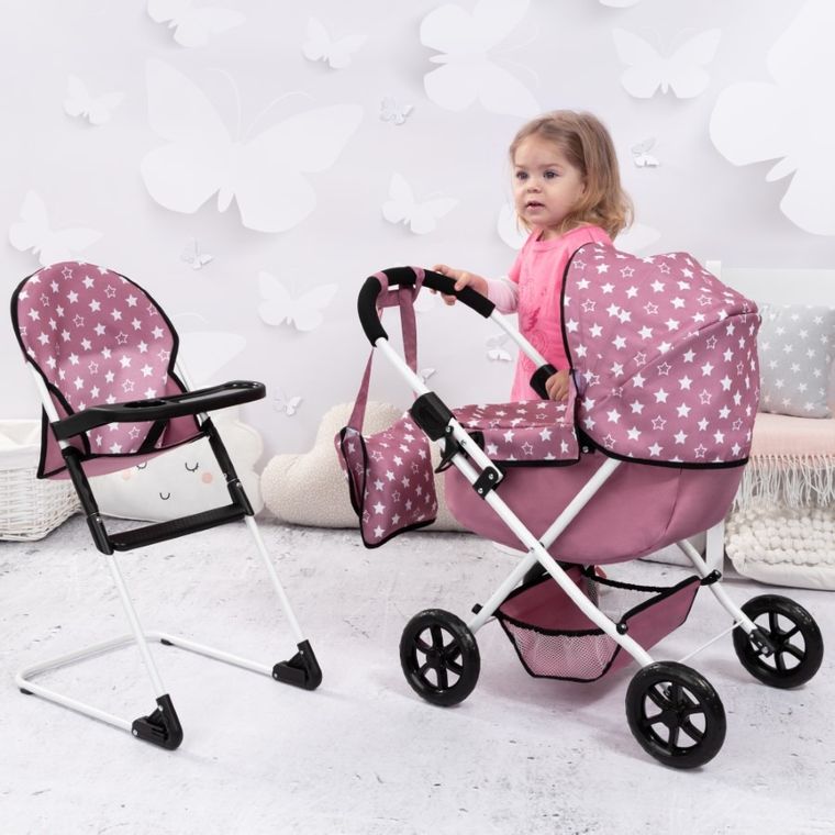 Bayer Design, Cosy, głęboki wózek dla lalek, zestaw z torbą i krzesełkiem, różowy w gwiazdki