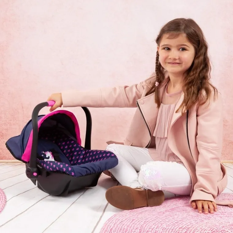 Bayer Design, Deluxe, fotelik samochodowy dla lalek z baldachimem, granatowo-różowy z jednorożcem