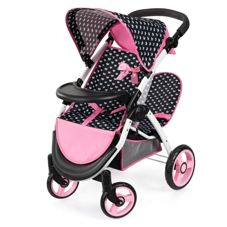 Bayer Design, Jogger Duo, bliźniaczy wózek dla lalek z torbą, czarno-różowy