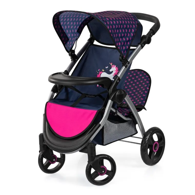 Bayer Design, Jogger Duo, bliźniaczy wózek dla lalek z torbą, granatowo-różówy z jednorożcem