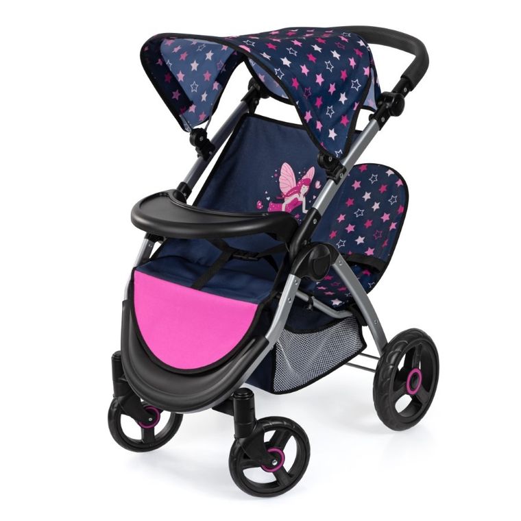 Bayer Design, Jogger Duo, bliźniaczy wózek dla lalek z torbą, granatowo-różówy z wróżką