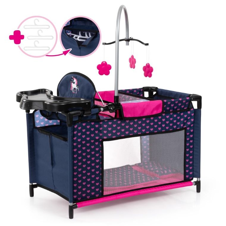 Bayer Design, łóżko turystyczne dla lalek z karuzelą, granatowo-różowe