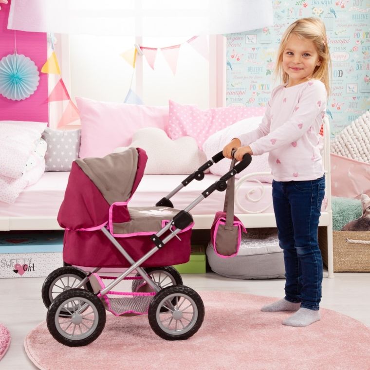 Bayer Design, Trendy, głęboki wózek dla lalek z torbą, bordowy