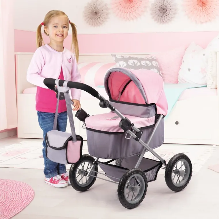 Bayer Design, Trendy, głęboki wózek dla lalek z torbą, szaro-różowy z wróżką