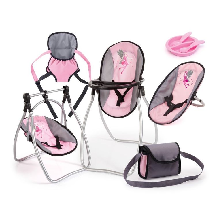 Bayer Design, Vario, krzesełko dla lalek 3w1, zestaw z nosidełkiem, torbą i akcesoriami, szaro-różowy