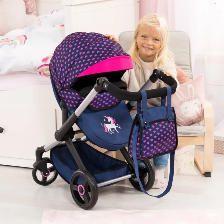 Bayer Design, Xeo Combi, głęboki wózek dla lalek z torbą, niebieski z jednorożcem