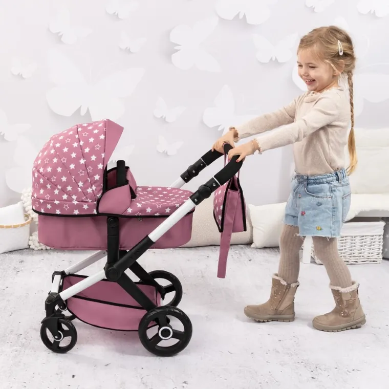 Bayer Design, Xeo Combi, głęboki wózek dla lalek z torbą, różowy w gwiazdki