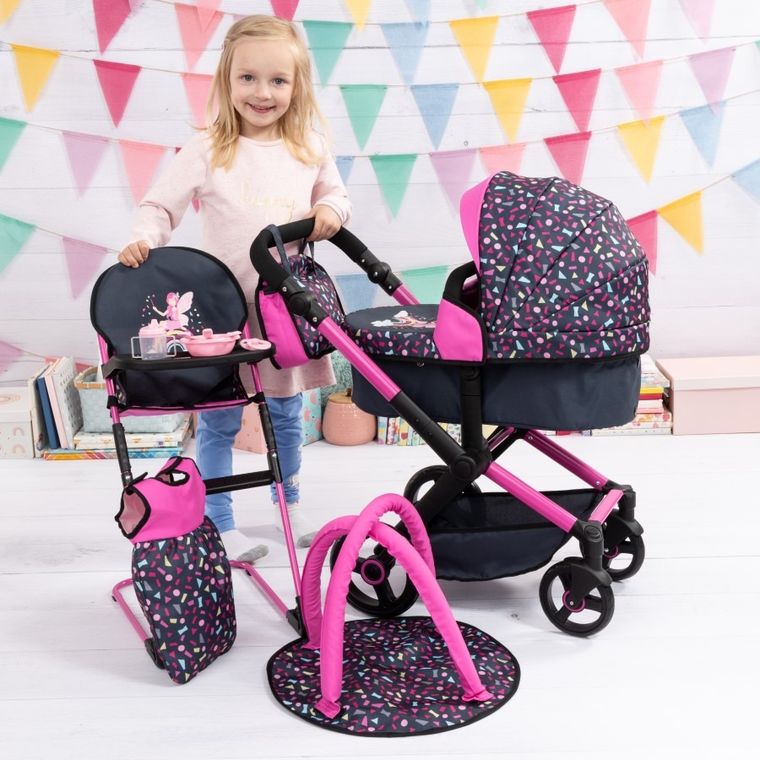 Bayer Design, Xeo Combi, głęboki wózek dla lalek, zestaw z krzesełkiem, matą, torbą i akcesoriami, granatowo-różowy