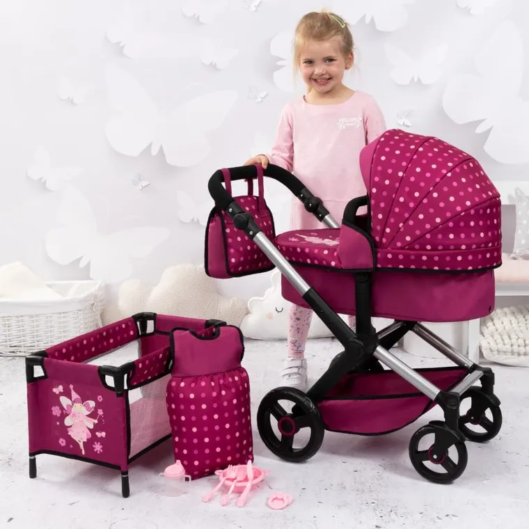 Bayer Design, Xeo Combi, głęboki wózek dla lalek, zestaw z łóżkiem turystycznym, torbą i akcesoriami, bordowy