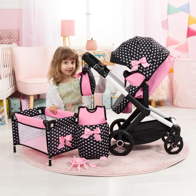 Bayer Design, Xeo Combi, głęboki wózek dla lalek, zestaw z łóżkiem turystycznym, torbą i akcesoriami, czarno-różowy