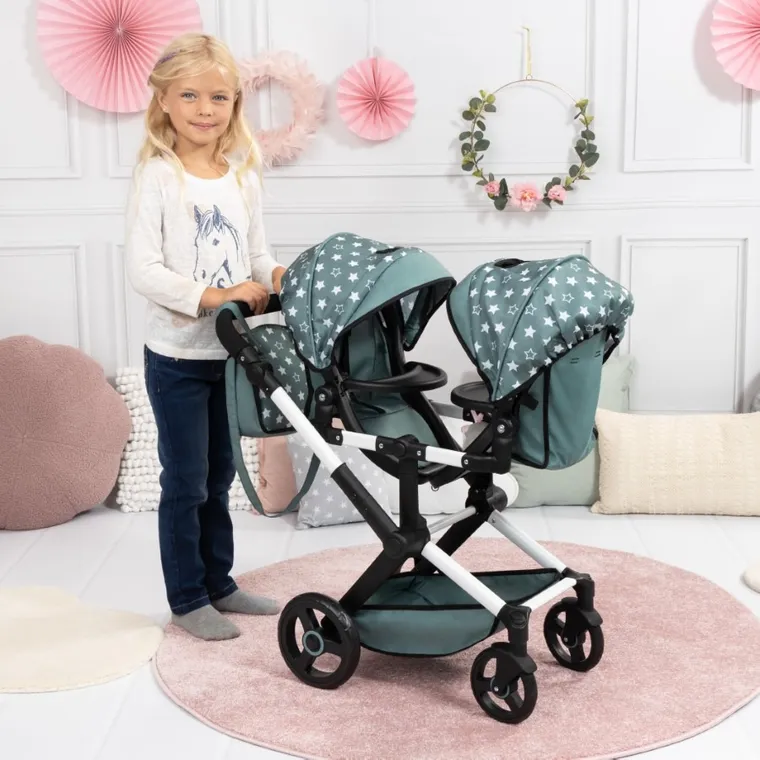 Bayer Design, Xeo Twin, bliźniaczy wózek dla lalek z torbą, zielony w gwiazdki
