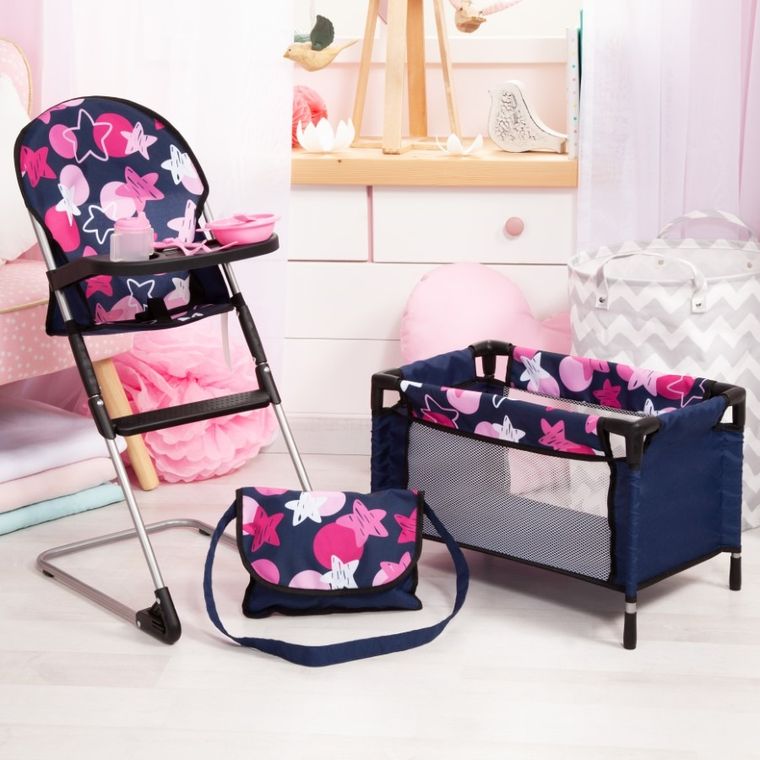 Bayer Design, zestaw podróżny dla lalek: łóżeczko turystyczne, krzesełko do karmienia, mata, torba, akcesoria, granaowy w gwiazdy