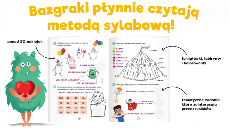 Bazgraki czytają wyrazy i zdania. Czytanie sylabowe. Ćwiczenia