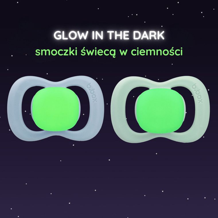 b.box, Glow in the dark, smoczek symetryczny, 0-6m, błękit/szałwia, 2 szt.