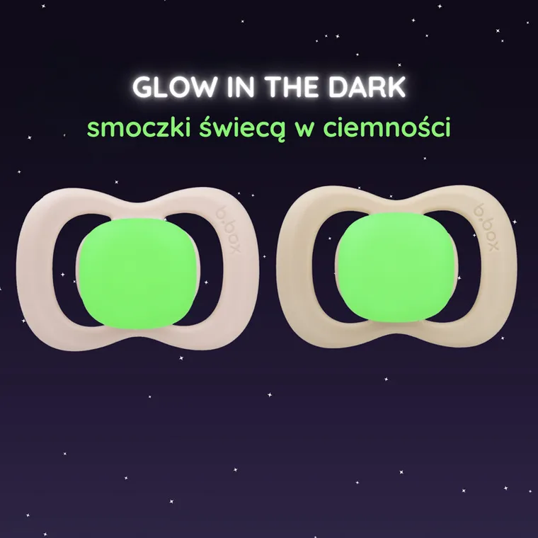 b.box, Glow in the dark, smoczek symetryczny 0-6m, róż/latte, 2 szt.
