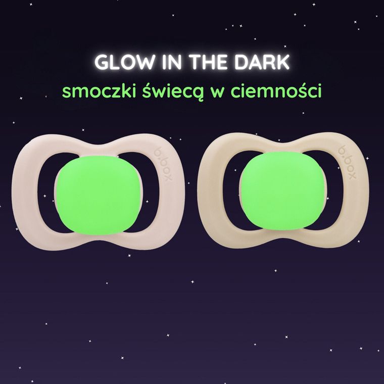 b.box, Glow in the dark, smoczek symetryczny, 6m+, róż/latte, 2 szt.