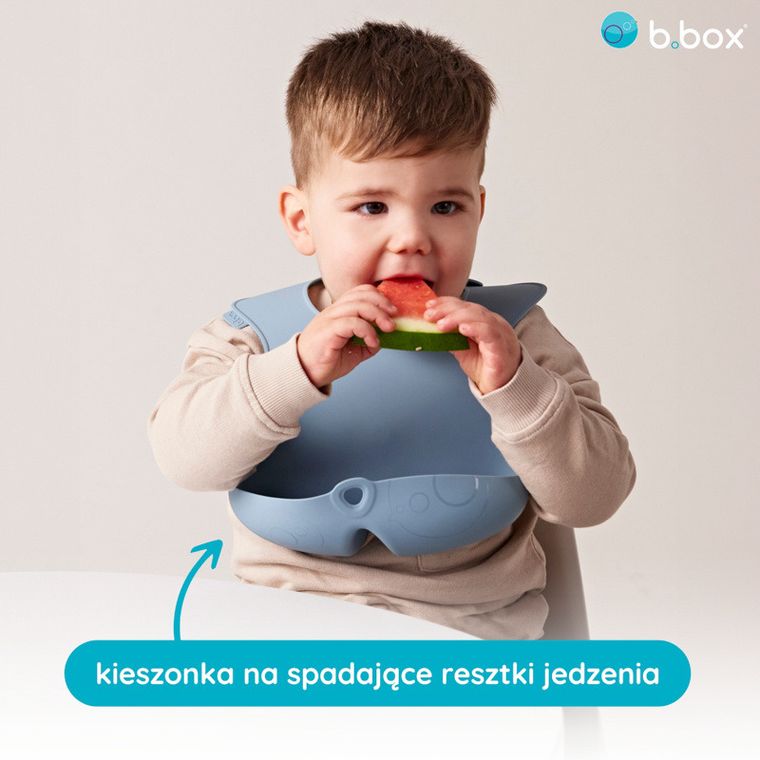 b.box, śliniak z otwartą kieszonką, niebieski