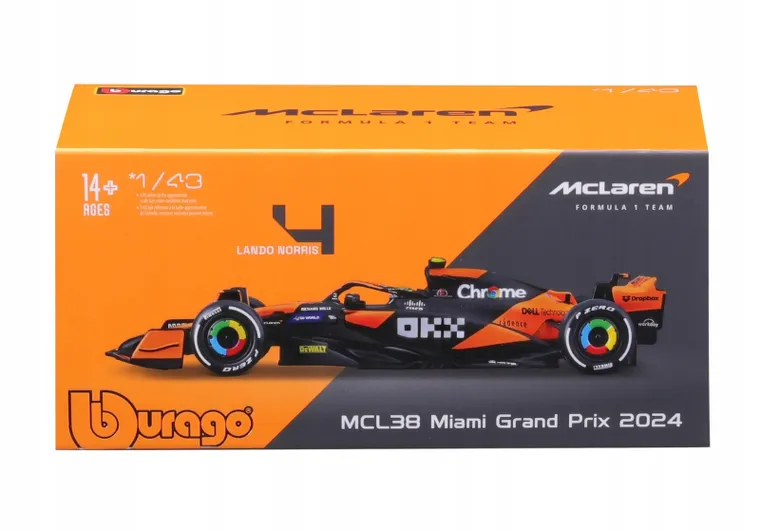 Bburago, McLaren F1 MCL38 Miami GP, Bolid F1, model pojazdu, 1:43