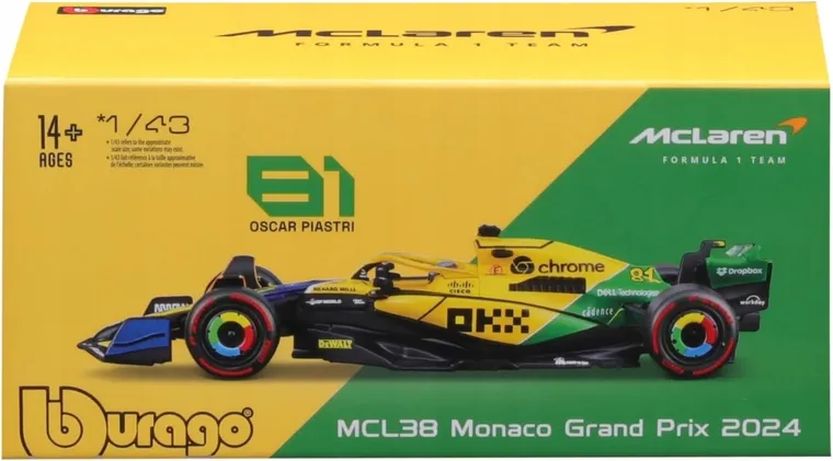 Bburago, McLaren MCL38 Oscar Piastri GP Monaco 2024, Bolid F1, model pojazdu, 1:43