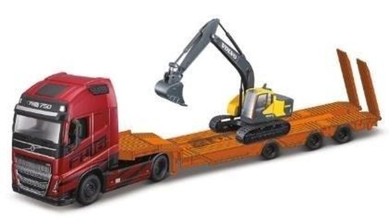 Bburago, Street Fire, Haulers Construction, Volvo FH16 Globetrotter EC220E, tir laweta z pojazdem budowlanym, 1:43