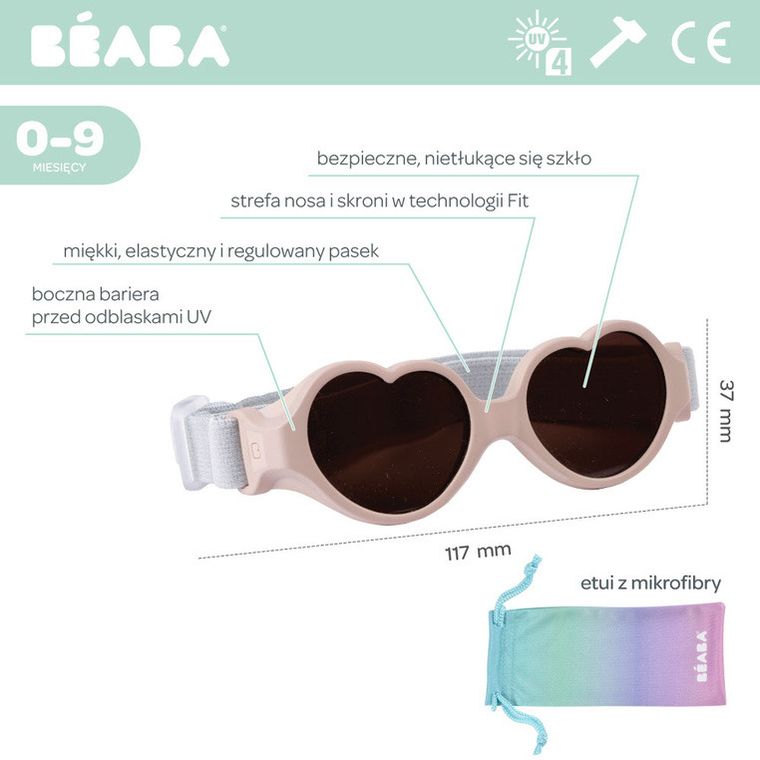 Beaba, Baby heart, okulary przeciwsłoneczne dla dzieci z elastyczną opaską, cotton candy, 0-9 m