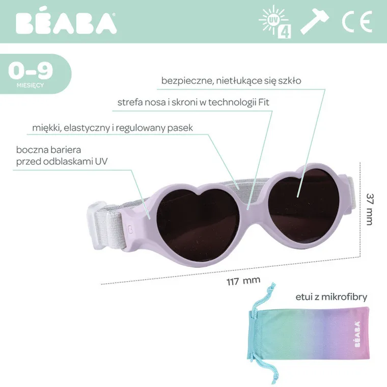 Beaba, Baby heart, okulary przeciwsłoneczne dla dzieci z elastyczną opaską, lilac, 0-9 m