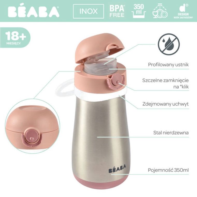 Beaba, bidon termiczny, old pink, 350 ml
