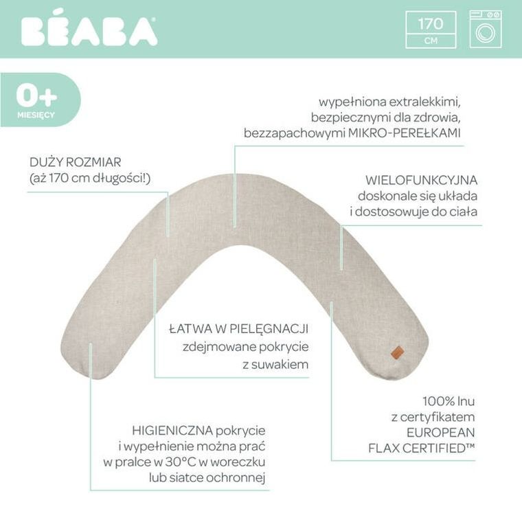 Beaba, Big Flopsy, ergonomiczna poduszka rogal dla kobiet w ciąży i karmiących, Linen natural