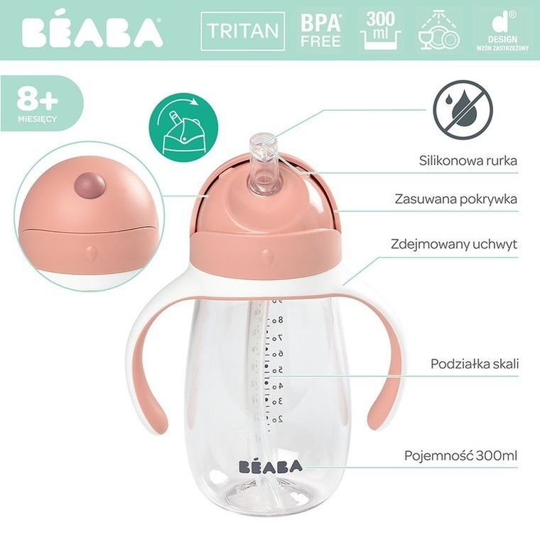 Beaba, butelka, kubek niekapek, tritanowa, ze słomką, old pink, 300 ml