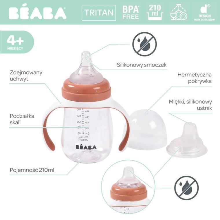 Beaba, butelka treningowa 2w1, tritanowa, terracotta, 210 ml