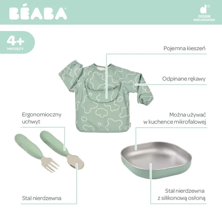 Beaba, First Meals 3w1, zestaw prezentowy: talerzyk + zestaw sztućców + śliniak, sage green