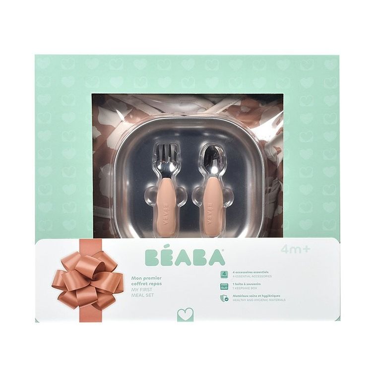 Beaba, First Meals 3w1, zestaw prezentowy: talerzyk + zestaw sztućców + śliniak, savannah bloom