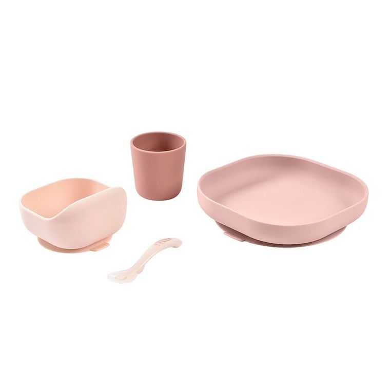 Beaba, komplet naczyń z silikonu z przyssawką, cotton candy