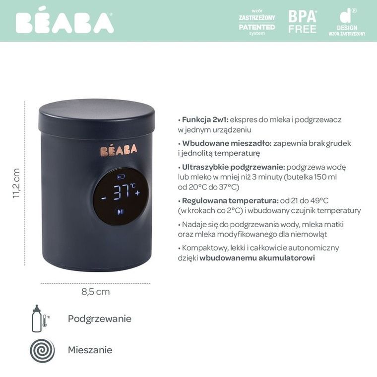 Beaba, Milk Nomad, przenośny podgrzewacz do butelek z funkcją mieszania 2w1, night blue