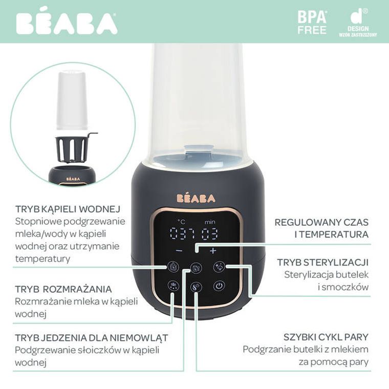 Beaba, Multi Milk, wielofunkcyjny podgrzewacz i sterylizator parowy do butelek i słoiczków, 5w1, Night blue