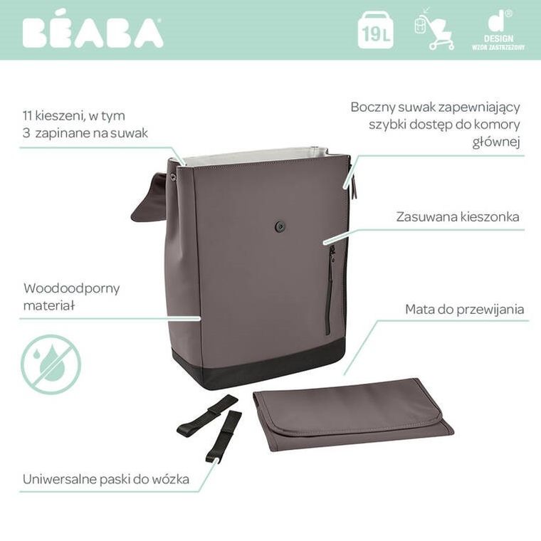 Beaba, Oslo, plecak dla rodzica, do wózka, Mineral Grey