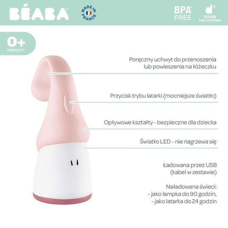 Beaba, Pixie, przenośna lampka nocna LED z latarką, 90h świecenia, różowa
