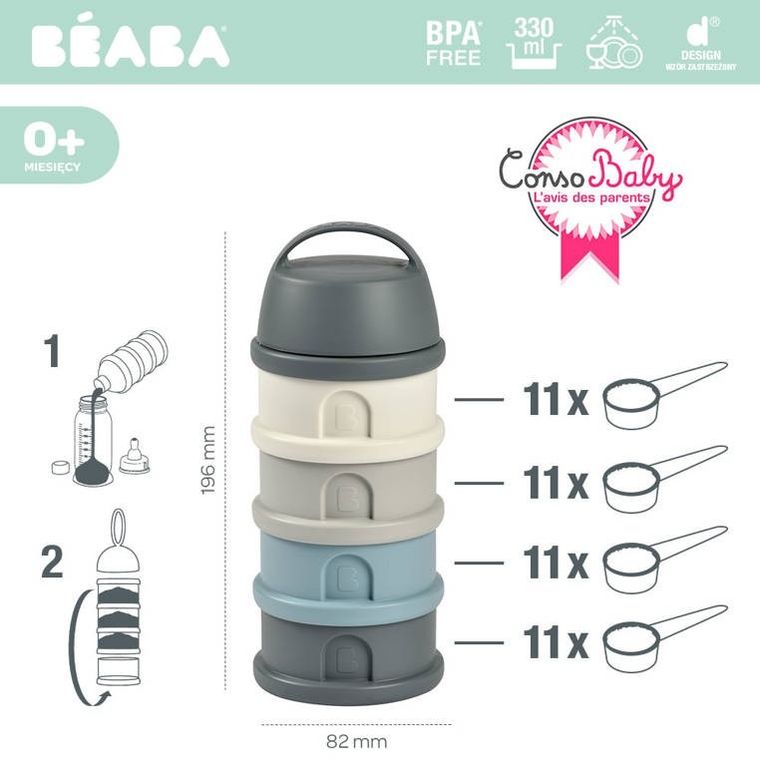 Beaba, pojemniki na mleko w proszku, 4 komory, mineral grey/blue