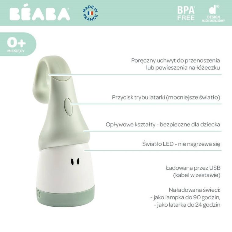 Beaba, przenośna lampka nocna LED z latarką Pixie, sage green