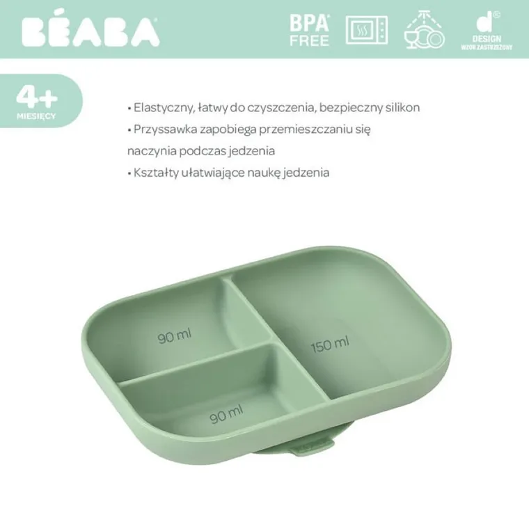 Beaba, silikonowy talerzyk z przyssawką, trójdzielny, sage green