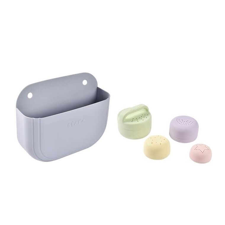 Beaba, silikonowy zestaw do kąpieli: zabawki Mint/multi colors i kosz do przechowywania Pebble