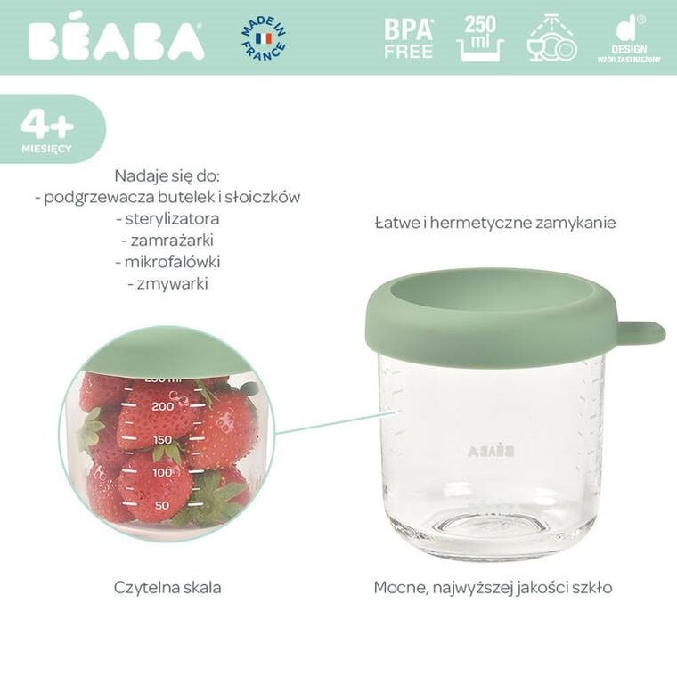 Beaba, słoiczek szklany z zamknięciem, Sage Green, 250 ml
