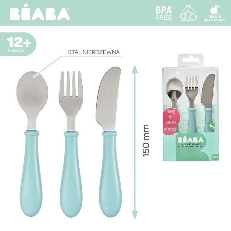 Beaba, sztućce ze stali nierdzewnej, Airy Green, 12m+