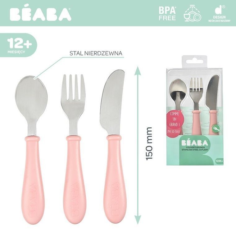 Beaba, sztućce ze stali nierdzewnej, Old Pink, 12m+