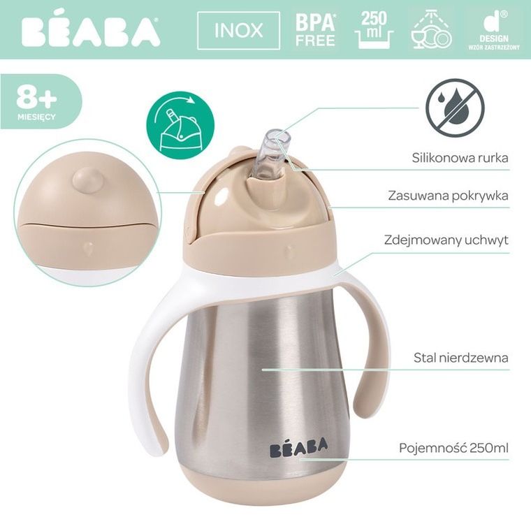 Beaba, termiczny bidon niekapek ze słomką, clay earth, 250 ml