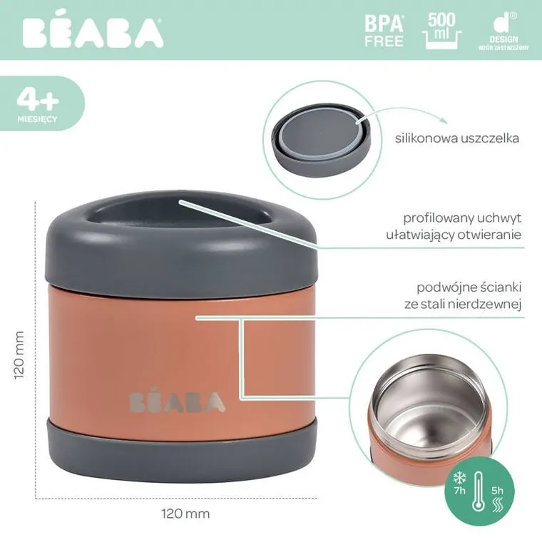 Beaba, termos obiadowy ze stali nierdzewnej, Mineral Grey/Terracotta, 500 ml
