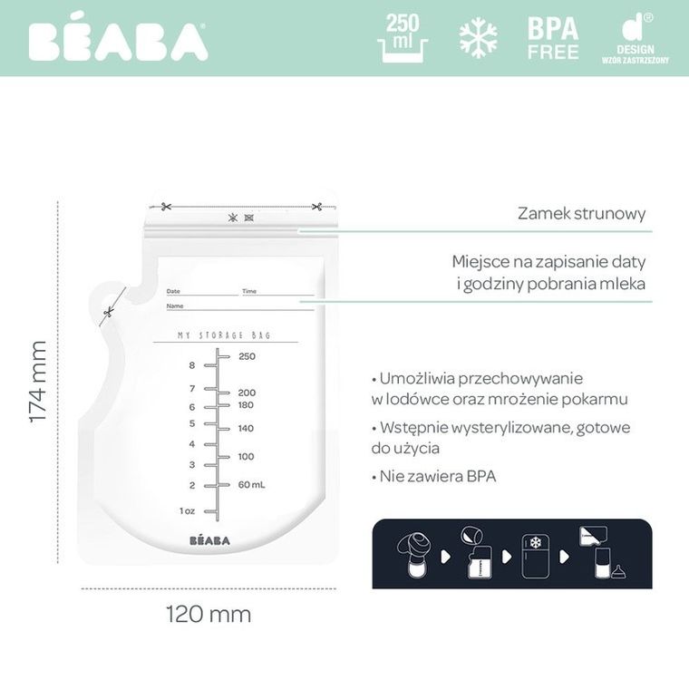 Beaba, woreczki do przechowywania pokarmu, 250ml, 50 szt.